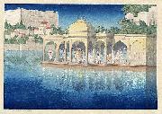 Charles W. Bartlett Prayers at Sunset, Udaipur, India, woodblock print by Charles W. Bartlett, 1919, Honolulu Academy of Arts oil painting on canvas